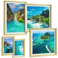 Tulup BILDER SET 5er Set - 50x50 cm & 20x30 cm & 40x60 cm Goldrahmen - Seeboote Hirsche Berge