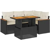 vidaXL 5tlg. Garten-Sofagarnitur mit Kissen Schwarz Poly Rattan Akazie