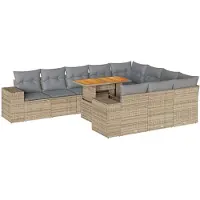vidaXL 10-tlg. Garten-Sofagarnitur mit Kissen Beige Poly Rattan Akazie