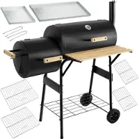TecTake Holzkohlegrill 2in1 110 x 60 x 116 cm 2 Kammern mit Thermometer 2 Räder inkl. Montagematerial und Montageanleitung, in schwarz