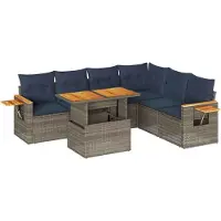 vidaXL 7-tlg. Garten-Sofagarnitur mit Kissen Grau Poly Rattan Akazie