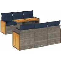 vidaXL 7-tlg. Garten-Sofagarnitur mit Kissen Grau Poly Rattan Akazie