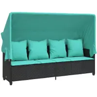 vidaXL Sonnenliege mit Dach und Kissen Schwarz Poly Rattan