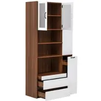 MODFU Hochschrank MDF Weiß/Nussbaum 100x40x200 cm mit Riffelglas, Schubladen und ausziehbarer Ablage
