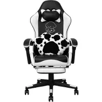 Puluomis Gaming Stuhl mit Fußstütze, Bürostuhl Chefsessel Schreibtischstuhl Racing Stuhl ergonomisch drehbar höhenverstellbar Hunde Schwarz Weiß