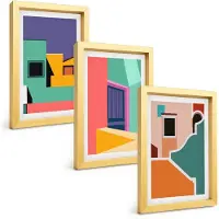 Tulup BILDER SET 3er Set - 20x30 cm Goldrahmen - Farbenfrohe Illustrationen der Stadt
