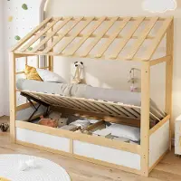 MODFU Kinderbett 90×200 mit Matratze,Hausbett mit hydraulischem Stauraum und Ablagefächern, Jugendbett Bettgestell mit Liegefläche, Natur