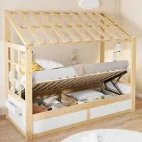 OKWISH Jugendbett 90×200 mit Bettkasten und Seitliche Ablagefächer, Einzelbett mit Baldachin, Hausbett in Natur,ohne Matratze