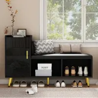OKWISH Schuhschrank mit Bank aus Spanplatte, Schwarz Hochglanz, 120x35x71,5 cm, mit verstellbaren Ablagen und Sitzpolster