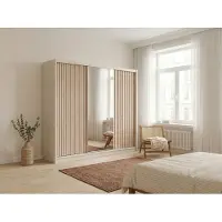 Vente-unique Kleiderschrank mit 3 Schiebetüren - Mit Spiegel - B250 cm - Farbe: Beige und Natur - CALOWI