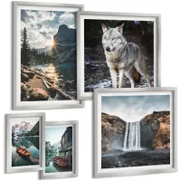 Tulup BILDER SET 5er Set - 50x50 cm & 20x30 cm & 40x60 cm Silberner Rahmen - Berge, Seen, Wasserfall, Wolf