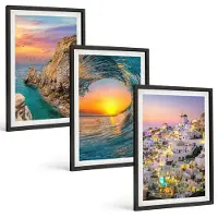 Tulup BILDER SET 3er Set - 40x60 cm Schwarzer Rahmen - Meereswellen, weiße Häuser, Santorini