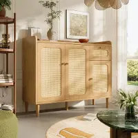 MODFU Sideboard 120x40x91cm,Kommode mit Rattan-Front und Schublade,Beistellschrank Aufbewahrungsschrank für Wohnzimmer,Eiche