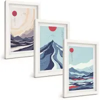 Tulup BILDER SET 3er Set - 20x30 cm Weißer Rahmen - Abstrakte japanische Berge