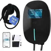 Puluomis Wallbox Ladestation 7kW Ladekabel 7m Typ 2 mit Halter, EV Ladegerät 1-phasig 6-32A einstellbar, IP65 mit Wlan & Bluetooth 24h Timer schwarz