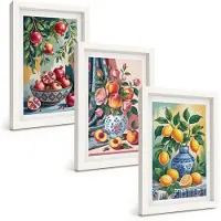 Tulup BILDER SET 3er Set - 20x30 cm Weißer Rahmen - Blumen und Früchte in Vasen