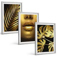 Tulup BILDER SET 3er Set - 40x60 cm Silberner Rahmen - Mund einer Frau mit Monstera-Palme
