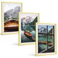 Tulup BILDER SET 3er Set - 40x60 cm Goldrahmen - Fenster für Boote auf dem Bergsee
