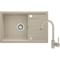 Deante LEDA Granitspüle Sand-Beige Set – Kompakt-Spülbecken 67x44 cm mit Abtropffläche inkl. Küchenarmatur & Siphon – Landhaus-Stil