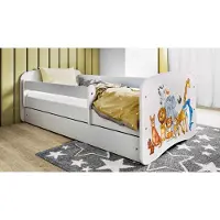 WFL GROUP Kinderbett Weiß 70x140 80x160 80x180 cm – mit Matratze, Rausfallschutz und Schublade – Jugendbett für Mädchen und Jungen – Stabil und Sicher – Safari-Tiere – 140x70 cm