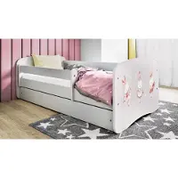 WFL GROUP Kinderbett Weiß 70x140 80x160 80x180 cm – mit Matratze, Rausfallschutz und Schublade – Jugendbett für Mädchen und Jungen – Stabil und Sicher – Häschen mit Schmetterlingen – 180x80 cm