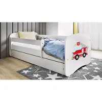 WFL GROUP Kinderbett Weiß 70x140 80x160 80x180 cm – mit Matratze, Rausfallschutz und Schublade – Jugendbett für Mädchen und Jungen – Stabil und Sicher – Feuerwehrauto – 140x70 cm