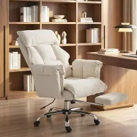 SUGIFT Bürostuhl mit Fußstütze, Drehstuhl Schreibtischstuhl mit Lendenwirbelstütze, Schneeflanell Cremeweiß | 80 x 80 x 106–114 cm | 17 kg