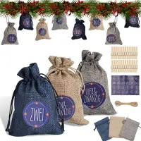 Vigevee Adventskalender Beutel 24 Stück mit Nummernstickern, befüllbare Stoffbeutel für DIY Weihnachtsdeko und Geschenke Blau Weiß Grau