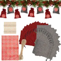 Vigevee Adventskalender Beutel 24 Stück aus Stoff in Leinenoptik, wiederverwendbar mit Kordelzug und Zahlenstickern 1–24