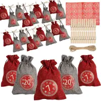Eikuavons Adventskalender Beutel 24 Stück aus Stoff in Leinenoptik, wiederverwendbar mit Kordelzug und Zahlenstickern 1–24