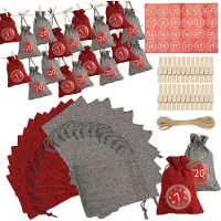 Vigevee Adventskalender Beutel 24 Stück mit Nummernstickern, befüllbare Stoffbeutel für DIY Weihnachtsdeko und Geschenke