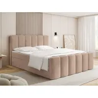 WFL GROUP Boxspringbett mit Bettkasten – Polsterbett 140 x 200 cm mit H4 7-Zonen-Taschenfederkernmatratze & 5 cm Komfort-Topper – Stauraumbett mit hohem Kopfteil – Dunkelbeige Samt