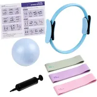 Relaxdays Pilates Set, 6-teilig, Ring, Ball mit Pumpe, Widerstandsbänder 3 Stärken, Pilateszubehör für zuhause, blau
