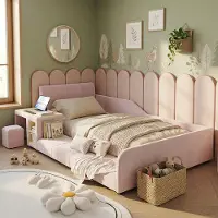 MODFU Polsterbett Jugendbett 90x200 mit Schreibtisch und Hocker,Kinderbett mit Weiches Kopfteil,Bettrahmen aus Samt,ohne Matratze,Rosa