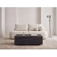 WFL GROUP Couchtisch 90 x 55 cm in Marmor Schwarz – Niedriger Mobiler Sofatisch mit Versteckten Rollen, Minimalistisches Design in Klarer Blockform – EU