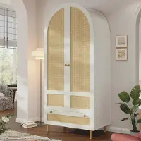 MODFU Kleiderschrank mit Rattan-Optik und Bogen-Design,Hochschrank 80 × 50 × 180 cm ,Aufbewahrungsschrank mit Kleiderstange, Schublade und Soft-Close-Türen,Weiß+Natur