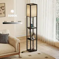 AjieQaQ LED Stehlampe Schwarz mit Regal & Steckdose – Dimmbare Standleuchte 161cm mit Kettenschalter, 2-in-1 Eckregal Holzleuchte für Schlafzimmer & Wohnzimme