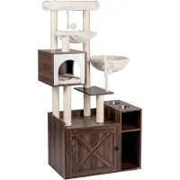 Relaxdays Kratzbaum mit Katzenkloschrank & Futterstation, HBT 144x71x45,5 cm, Sisalstämme & Liegemulde, Holzoptik, braun