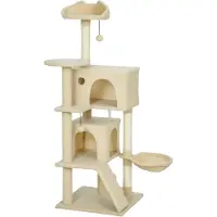Novzep Kratzbaum 140 cm Katzenturm mit Hängematte, Leiter, Höhle, 2 Plüschballen, Sisalstämme, 48 x 48 x 140 cm, Beige