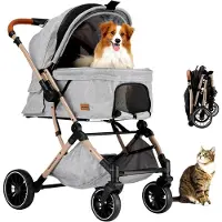 Markenlos Ein-Knopf-Falt Hundewagen, Hundebuggy bis 20 kg für kleine und mittelgroße Hunde sowie Katzen, mit umkehrbarem Griff, Stoßdämpfung und abnehmbarem, waschbarem Polster (Grau)