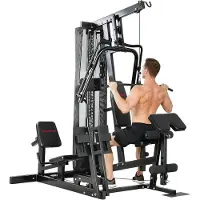 SUGIFT Fitnessstation All-in-One, Kraftstation mit Latzug und Beinpresse, Stahl Kunstleder, Schwarz | bis 120 kg | 65 kg Gewichtsblock | 162x162x210 cm