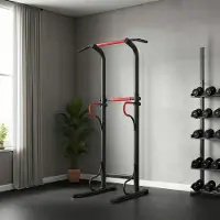SUGIFT Power Tower höhenverstellbar, Dip Station mit Klimmzugstange, Kraftstation, Stahl, Schwarz+Rot | 98x84x219 cm | 7 Höhen | bis 120 kg
