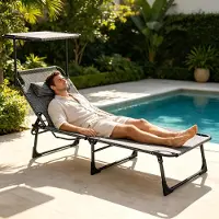 YARDIN Breite Strandliege mit Kopfkissen, belastbar bis 100kg, leicht transportierbar mit Tragegurten, ideal für Park, Strand und Garten Schwarz