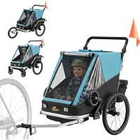 SUGIFT Kinderfahrradanhänger 2-Sitzer 2-in-1, Fahrradanhänger Buggy, Oxford-Stahl, Blau | 155x82x102 cm | 20 Zoll Lufträder | klappbar
