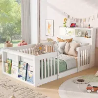 Flieks Kinderbett 90x190cm mit Nachtlicht, Bodenbett Holzbett mit USB, Kinder Einzelbett mit Ablagen und Rausfallschutz, Weiß