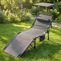 ACXIN 2 Stück Schwarz Outdoor Liege mit Sonnenschutzdach, vier Rückenpositionen, kompakt zusammenklappbar für Ausflüge und Urlaub