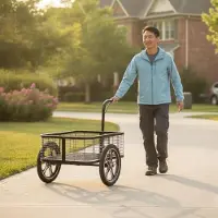 Markenlos Fahrrad-Lastenanhänger mit Gitterkorb und Frontgriff für leichtes Beladen, stabile Einzelachse und vielseitige Nutzung