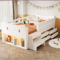 Flieks Kinderbett 90x200cm mit USB & Typ-C, Hochbett mit Treppe und 4 Schubladen, Schlafsofa Holzbett mit Led und Staufächern, Weiß