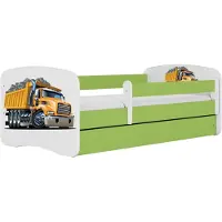 Markenlos Kinderbett 80 x 180 cm in Grün mit Schublade und Matratze, LKW-Motiv