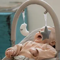 Markenlos Nuby Musical Moves Babywippe mit Musik und Vibration ab Geburt bis 9 kg, mit 9 Klängen, Spielbogen mit Plüschtieren, 2 Liegepositionen und waschbarem Bezug